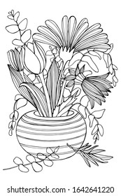 Hand drawing coloring book for children and adult mascara. Beautiful drawings with patterns and small details. Still life vase with wildflowers, garden flowers. One of a series of anti-stress pictures