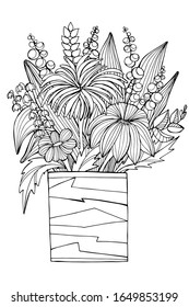 Hand drawing coloring book for children and adult mascara. Beautiful drawings with patterns and small details. Wooden still life flowerpot with protea flowers, garden flowers. anti stress