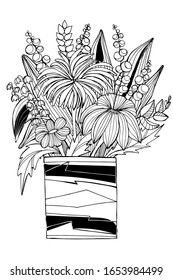 Hand drawing coloring book for children and adult mascara. Beautiful drawings with patterns and small details. Wooden still life flowerpot with wildflowers, garden flowers. stress relieving pictures