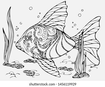 Hand drawing coloring book pages for children and adults. Decorative fish in underwater environment with little elements.