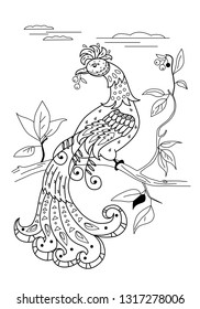 Hand drawing coloring fabulous bird for kids and adults. Beautiful drawing with small details. One of a series of coloring pictures.