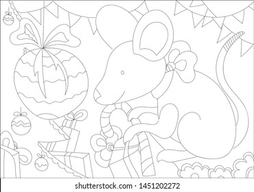 Hand drawing coloring for kids and adults.Set of Christmas hand-drawn decorative elements in vector. Fancy Christmas trees, balls, stars. Pattern for coloring book. Black and white pattern. Sketch by 