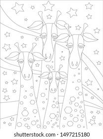 Hand drawing coloring for kids and adults. Beautiful drawings with giraffes in the background patterns and small details. One of a series of coloring pictures.