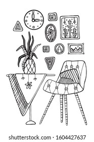 Hand drawing coloring for kids and adults with small details. Image of a room with interior items. An armchair, a table, frames, a clock in a doodle style.
