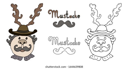 Hand drawing coloring for kids and adults. Cheerful mustachioed forester in a hat with horns. Colouring page. Cute cartoon illustration. Hand drawn illustrations isolated on white. Vector art.