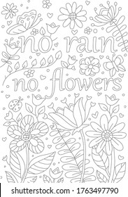 Hand drawing coloring for kids and adults. Beautiful drawings with patterns and small details. Coloring pictures with flowers and tropical leaves. Motivational vector lettering