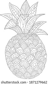Hand drawing coloring for kids and adults. Beautiful drawings with patterns and small details. Coloring book pictures with pineapple, fruit. Vector