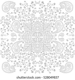 Hand drawing coloring page design with doodle flowers and leaves. Vector illustration. Bohemian style. Anti-stress coloring for adult