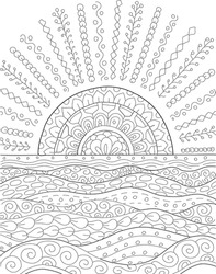 Hand Drawing Coloring Page For Kids And Adults. Wild Nature, Sun,  Meadow, Field, Sea. Beautiful Drawing With Patterns And Small Details. Coloring Book Pictures. Vector