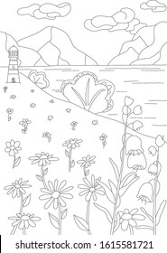 Hand drawing coloring page for kids and adults. Wild nature beach and mountains, wildflowers chamomiles and campanula . Beautiful drawing with patterns and small details. Coloring pictures. Vector