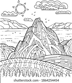 Hand drawing coloring page for kids and adults. Wild nature sea, meadow, field, forest and mountains. Beautiful drawing with patterns and small details. Coloring book pictures. Vector
