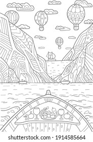 Hand drawing coloring page for kids and adults. Wild nature, sea, mountains, air balloons and boat. Romantic dinner. Beautiful drawing with patterns and small details. Coloring book pictures. Vector