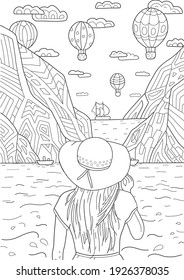 Hand drawing coloring page for kids and adults. Wild nature, sea, mountains, air balloons and beautiful girl. Romantic beautiful drawing with patterns and small details. Coloring book pictures. Vector