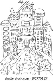 Hand drawing coloring PAGE for kids and adults. Fairy city landscape, cartoon, imaginary. Beautiful drawings with patterns and small details. Vector
