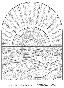 Hand drawing coloring page for kids and adults. Wild nature, sun,  meadow, field, sea. Beautiful drawing with patterns and small details. Coloring book pictures. Vector