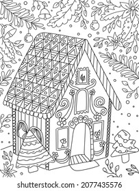 Hand drawing coloring page for kids and adults with fabulous house. Holiday greeting. Beautiful drawing with patterns and small details. Coloring pictures. Vector