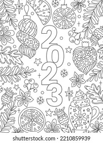 Hand drawing coloring page for kids and adults. Holiday greeting New Year 2023. Beautiful drawing with patterns and small details. Coloring book pictures. Vector