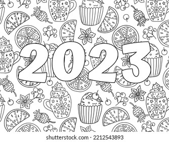 Hand drawing coloring page for kids and adults. Holiday greeting New Year 2023. Beautiful drawing with patterns and small details. Coloring book pictures. Vector