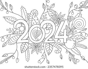 Hand drawing coloring page for kids and adults. Holiday greeting card Happy New Year 2024. Beautiful drawing with patterns and small details. Children Colouring book pictures. Vector