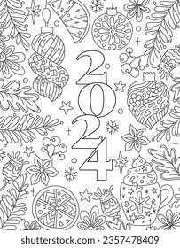 Hand drawing coloring page for kids and adults. Holiday greeting card Happy New Year 2024. Beautiful drawing with patterns and small details. Children Colouring book pictures. Vector