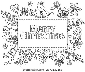 Hand drawing coloring page for kids and adults. Holiday greeting card Happy New Year 2024, Merry Christmas. Changeable line thickness. Winter, december frame, border template. 