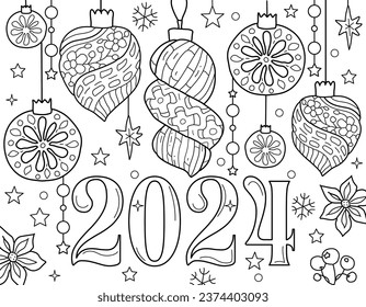 Hand drawing coloring page for kids and adults. Holiday greeting card Happy New Year 2024, Merry Christmas. Beautiful drawing with patterns and small details. Children Colouring book pictures. Vector