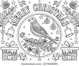 Hand drawing coloring page for kids and adults. Holiday greeting card Happy New Year 2024, Merry Christmas. Children Colouring book pictures. Christmas tree, snowflakes, bird, eve decorations, carol