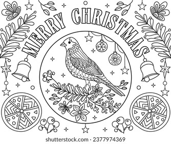 Hand drawing coloring page for kids and adults. Holiday greeting card Happy New Year 2024, Merry Christmas. Children Colouring book pictures. Christmas tree, snowflakes, bird, eve decorations, carol