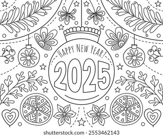 Hand drawing coloring page for kids and adults. Holiday greeting card Happy New Year 2025, Merry Christmas. Beautiful drawing with patterns and small details. Children Colouring book pictures. Vector