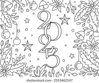 Hand drawing coloring page for kids and adults. Holiday greeting card Happy New Year 2025, Merry Christmas. Beautiful drawing with patterns and small details. Children Colouring book pictures. Vector