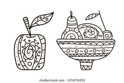 Hand drawing coloring pages for children and adults. A beautiful pattern with small details for creativity. Antistress decor steal lifes with fruit in a vase and apple.