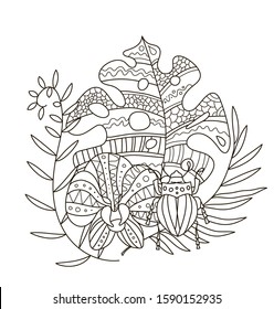 Hand drawing coloring pages for children and adults. A beautiful pattern with small details for creativity. Antistress coloring book with tropical flowers, monstera, palm, orchid flowers, beetle