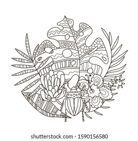 Hand drawing coloring pages for children and adults. A beautiful pattern with small details for creativity. Antistress coloring book with tropical flowers, monstera, palm, beetle, protea