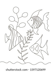 Hand drawing coloring pages for children and adults. A beautiful beautiful coloring book in a linear style. for creativity. Antistress coloring book with tropical fish, algae, ocean, underwater world