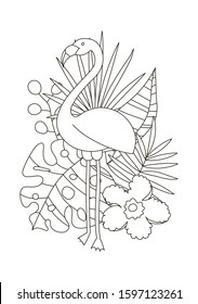 Hand drawing coloring pages for children and adults. A beautiful linear drawing for coloring with paints or pencils and creativity. Coloring book with tropics and the jungle. Flamingo among palm