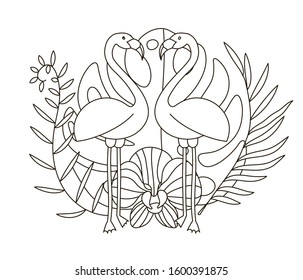 Hand drawing coloring pages for children and adults. A beautiful linear drawing for coloring with paints or pencils and creativity. Coloring book with tropics and the jungle. Two flamingos among palms