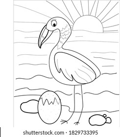 Hand drawing coloring pages for children and adults. A beautiful linear drawing for coloring with paints or pencils and creativity.  Flamingo among water and sun