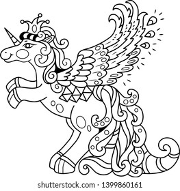 Hand drawing coloring unicorn for kids and adults. Beautiful drawing with small details. One of a series of coloring pictures. 