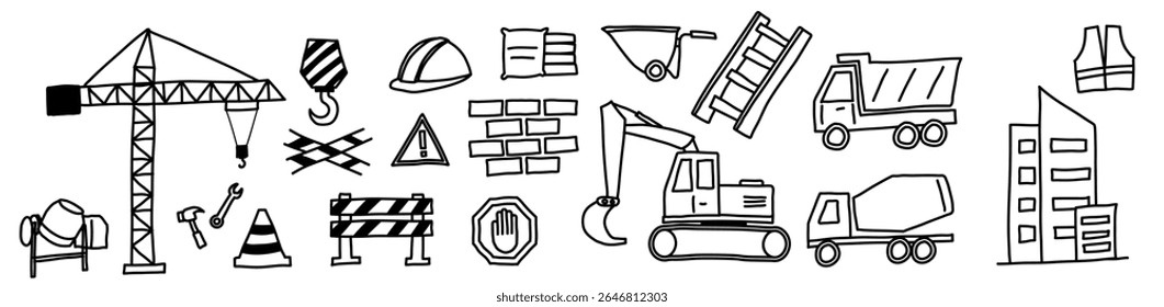 desenho à mão engenheiro de construção doodle icon bundle, escavadora de guindaste, segurança de aviso primeiro trabalho civil