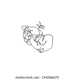hand drawing continuous line doodle of back to nature theme with hands holding a plant