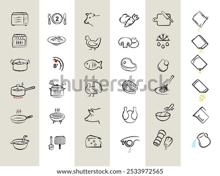 Hand drawing cooking icon set. Set of sign for detailed guideline of preparation food. Vector elements on a white background. Ready for your design. EPS10.