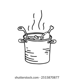 hand drawing of a cooking pot filled with soup, featuring ladles and chicken bones.