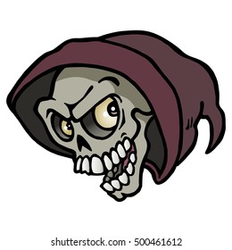 Hand drawing of a Cool modern Halloween Skull with a brown hood
