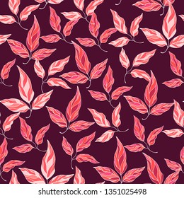hand drawing coral colored  leaves on purple background.vector seamless  pattern with season foliage