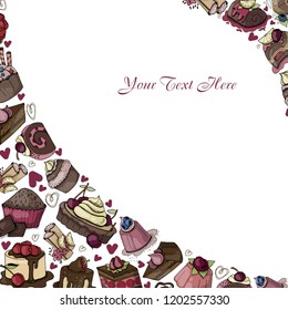 Hand drawing corner frame of sweets, desserts, baking on white background, the composition of food doodles, vector illustration