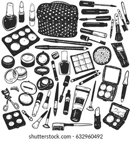 Hand drawing cosmetics, nail polish, powder, concealer, mascara, eye shadow. Isolated vector set.