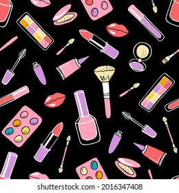 Hand drawing cosmetics on black background seamless pattern. Lipstick, mascara, eyeshadow. Design of fabric, packaging. Vector stock illustration. 