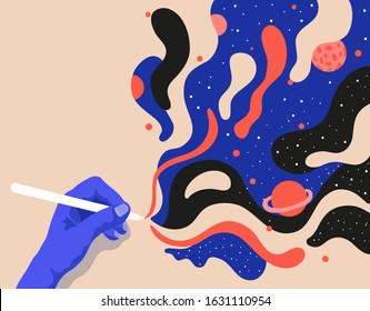 Hand drawing cosmos vector, liquid cosmos illustration, brochure, landing, flyer template design.  Discover, science, technology concept