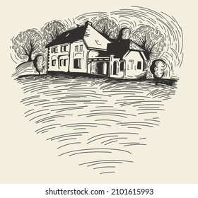 Hand drawing country side farm house for wine labels or agricultural products. Vector house in the nature