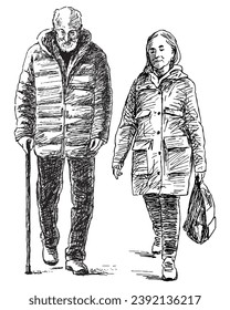 Hand drawing of couple old people walking outdoors